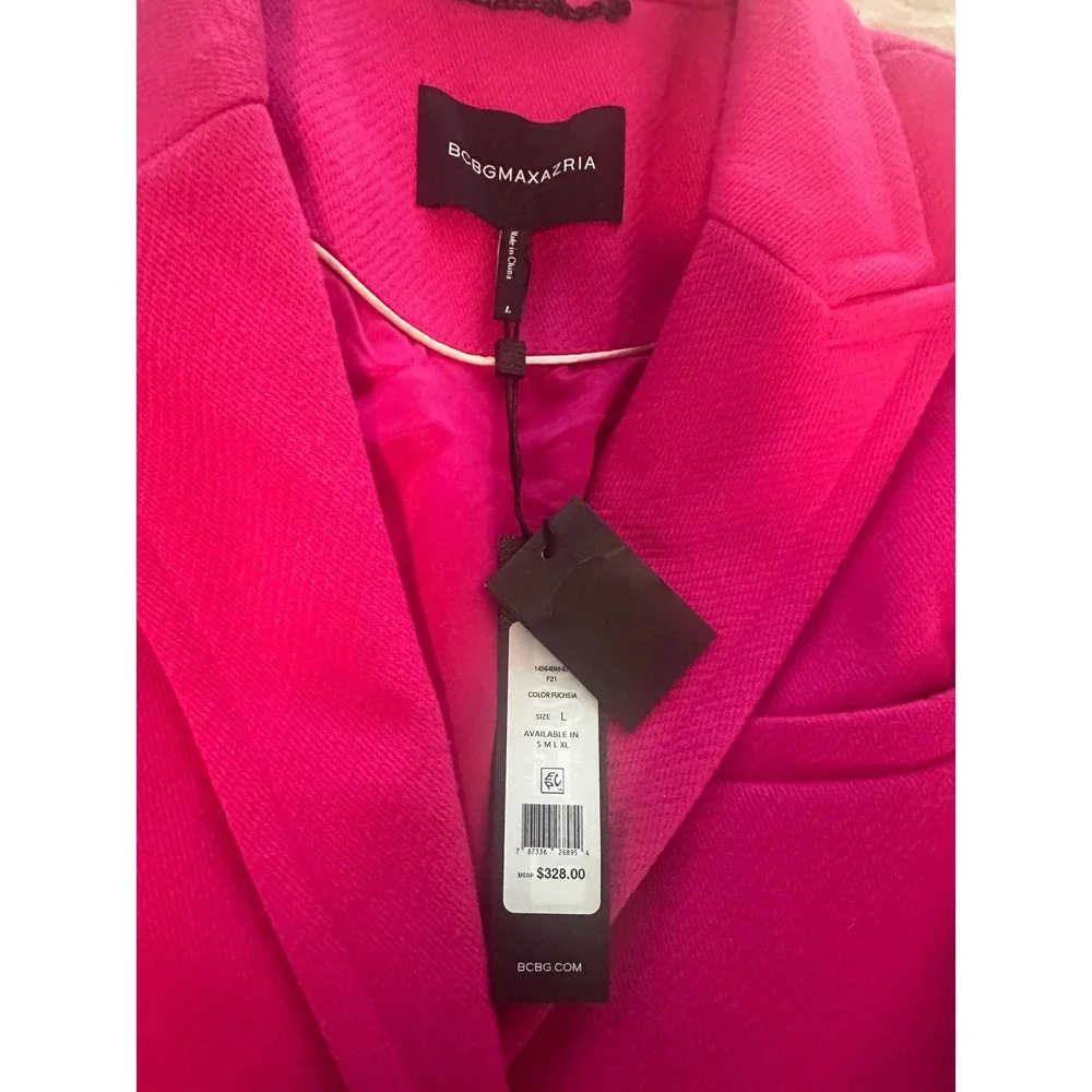 BCBGMAXAZRIA Fuchsia Pink‎ Longline Coat Womens L Notched Lapel 2-Button New